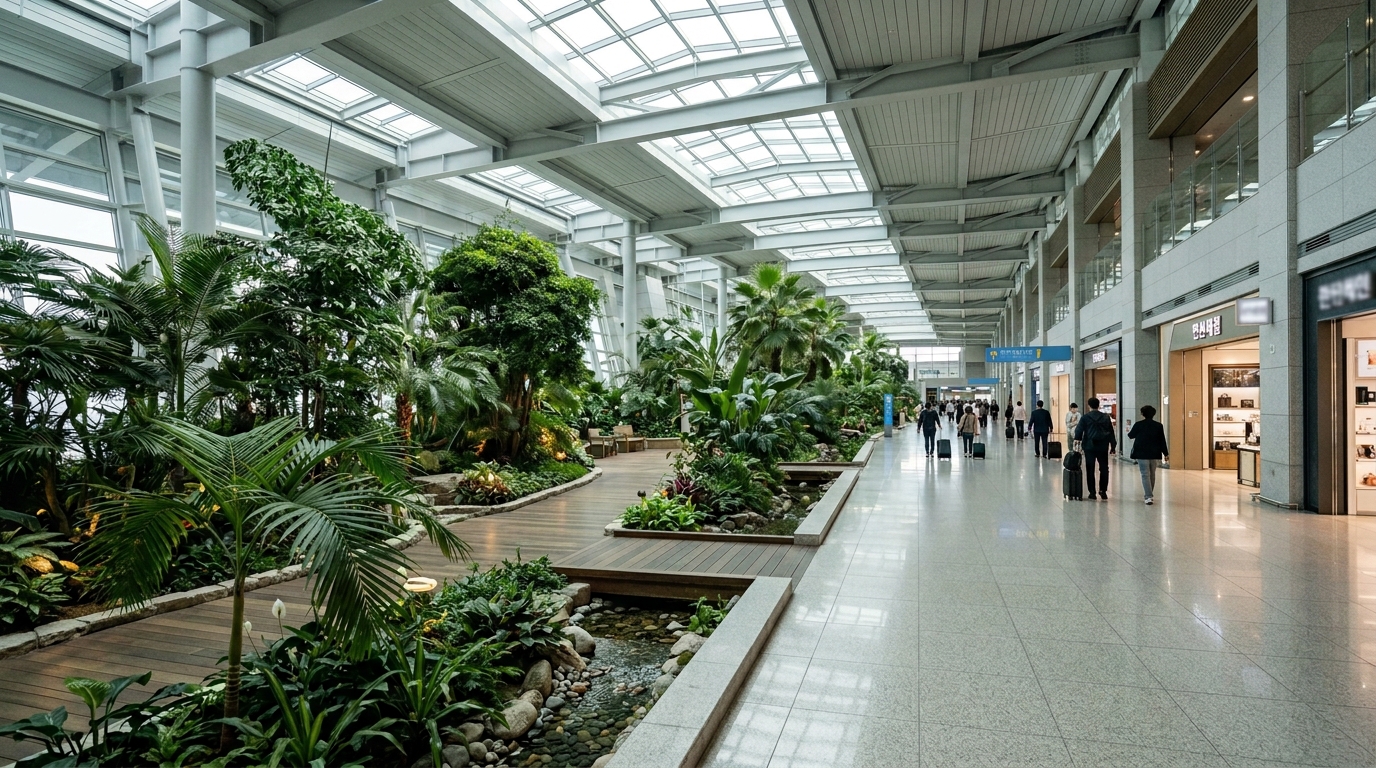 인천공항 실내정원의 식물과 휴식 공간