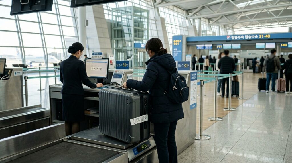 인천공항 출국장 항공사 체크인 카운터에서 위탁 수하물용 대형 캐리어를 저울에 올리는 모습