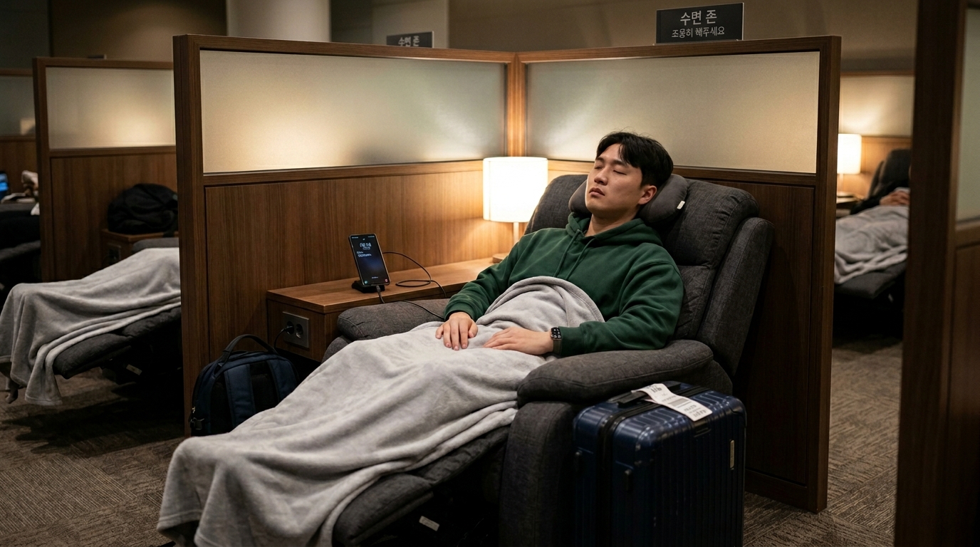 인천공항 무료 수면실 냅존에서 휴식하는 여행객