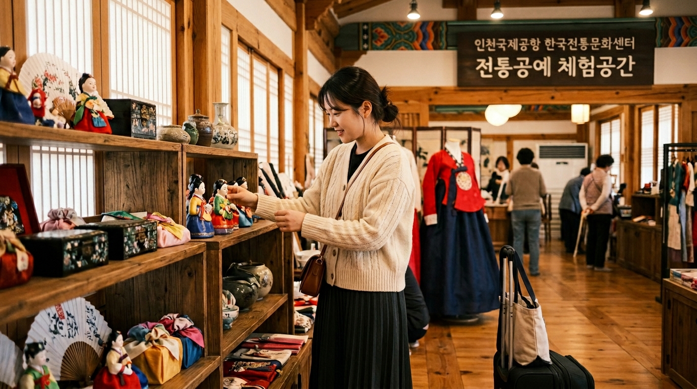 인천공항에서 전통 공예품을 둘러보는 여행객