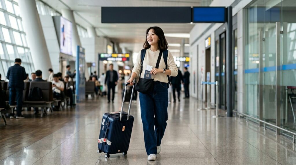 캐리어를 끌고 인천공항 출국장 게이트로 향하는 여행자