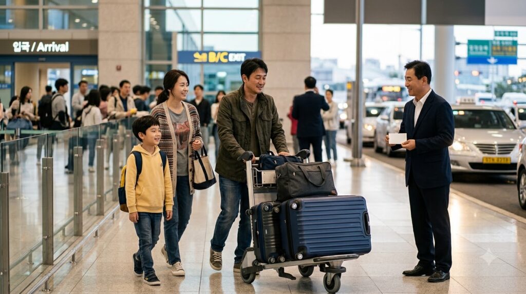 인천공항 터미널에서 캐리어를 끌고 이동하는 여행객들, 창원 인천공항 콜밴 예약 안내 이미지