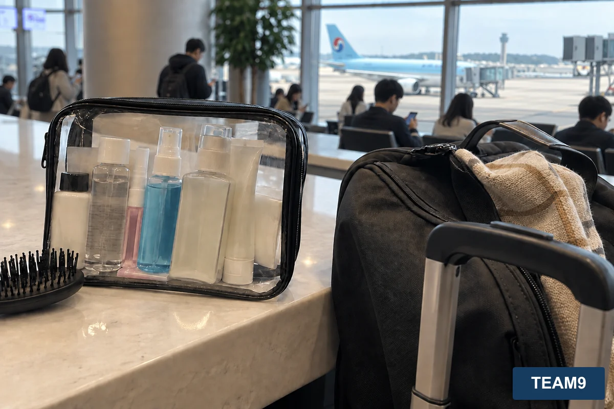 공항 이동 전 정리한 작은 세면용품 파우치