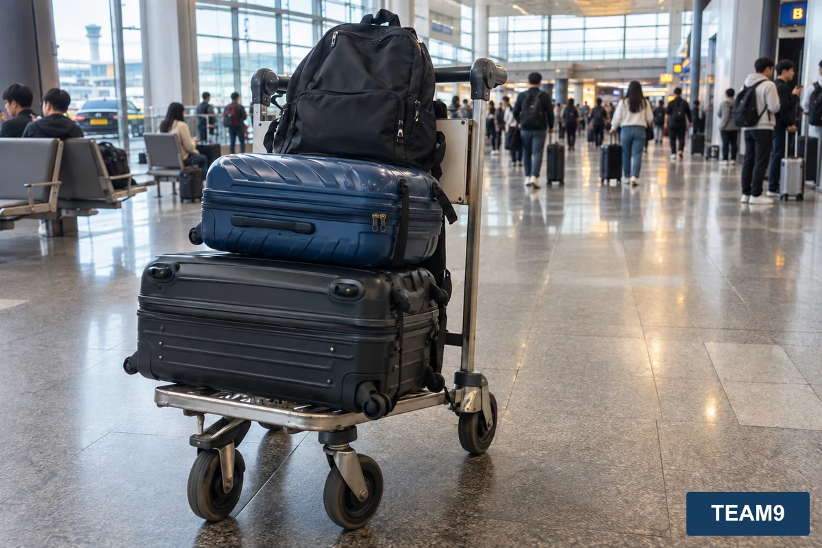 캐리어와 배낭을 실은 공항 카트