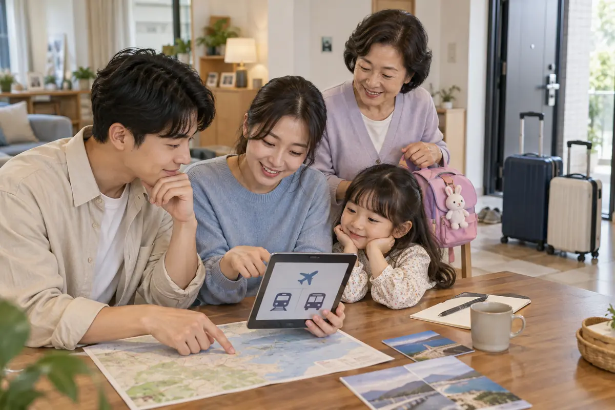 집에서 가족 전체의 공항 이동 방법을 비교하는 한국인 가족