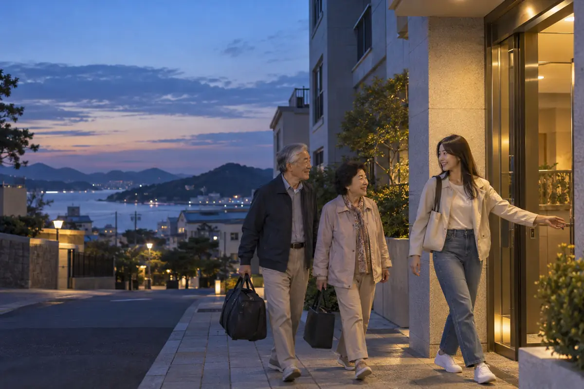 목포 분위기의 주거지 입구에 도착한 부모님과 딸의 연출 장면