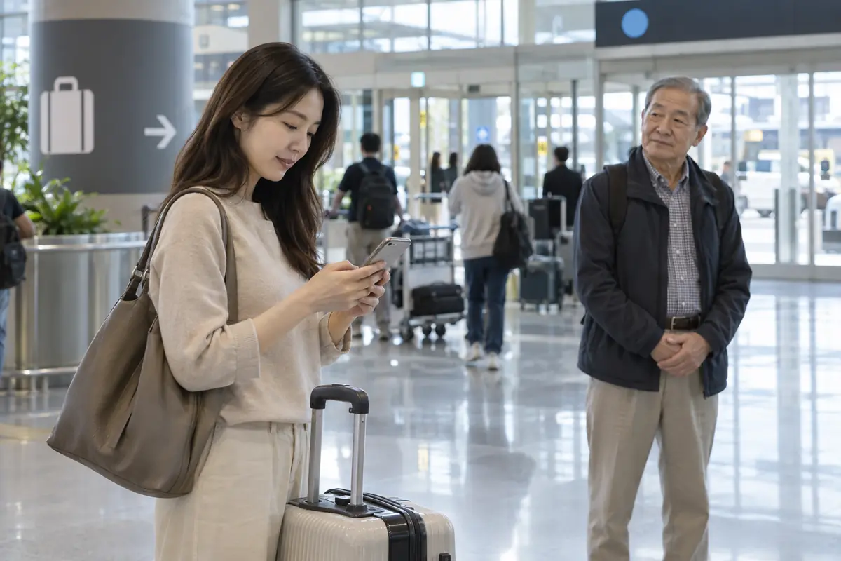 공항 도착장에서 전화로 만날 장소를 확인하는 한국인 여행객