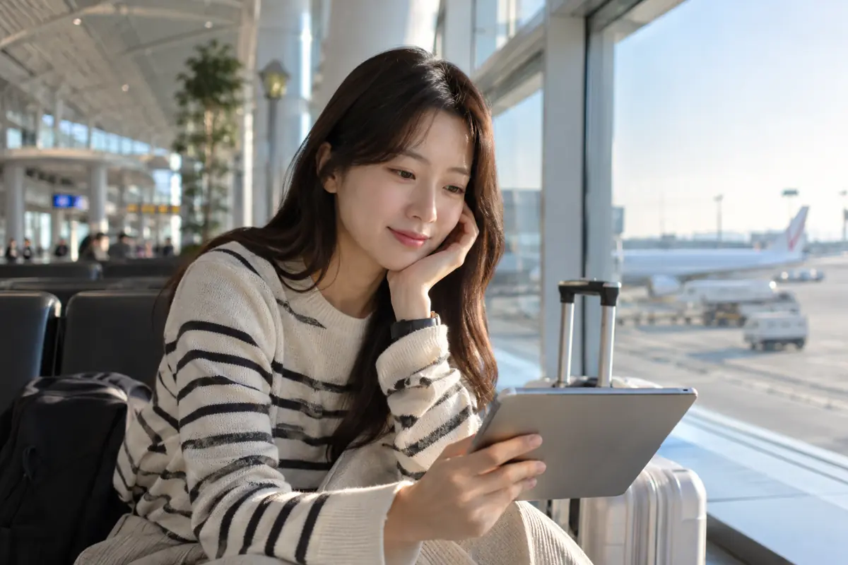 순천 공항 이동: 목적지의 방문 조건을 확인하고 쉬는 준비 장면