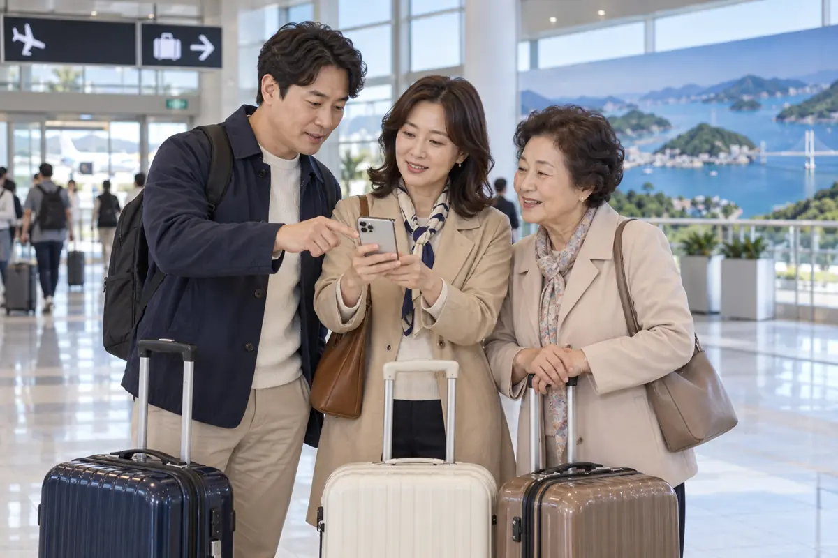 인천공항에서 여수 숙소 이동을 준비하는 한국인 가족