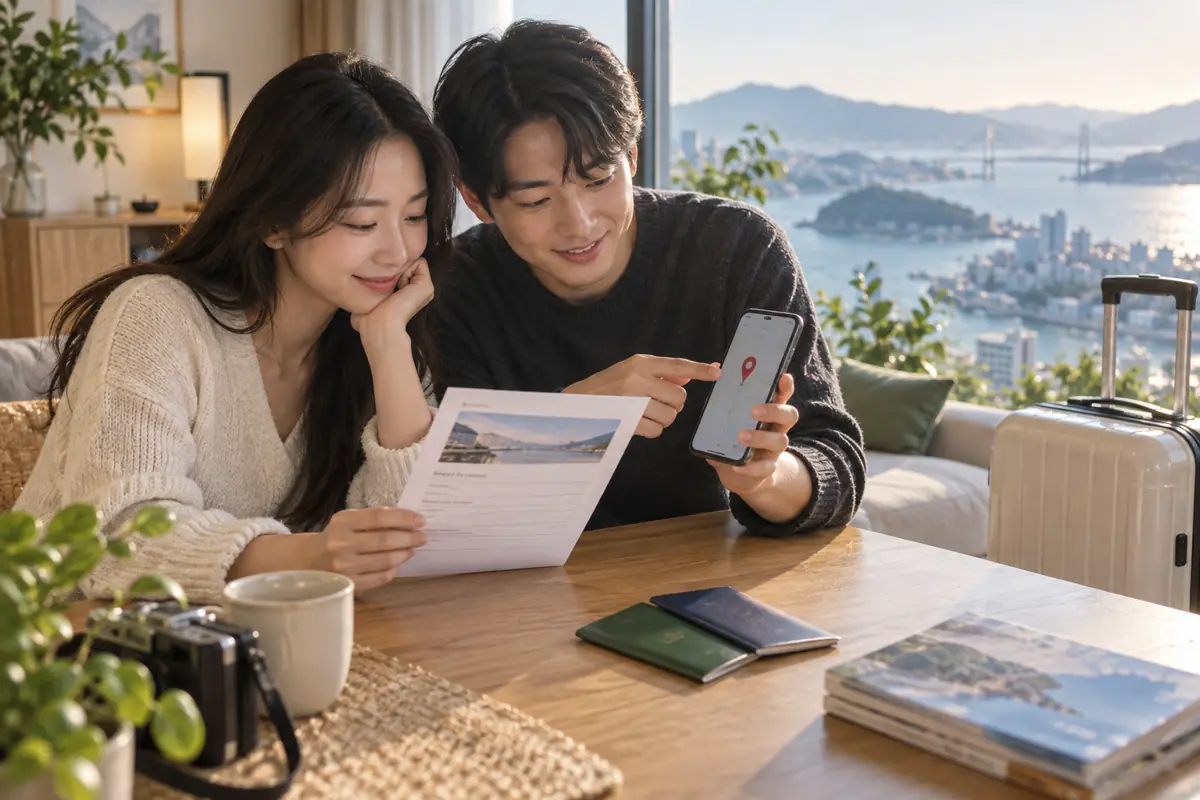 호텔 예약서와 목적지 주소를 정리하는 한국인 여행객