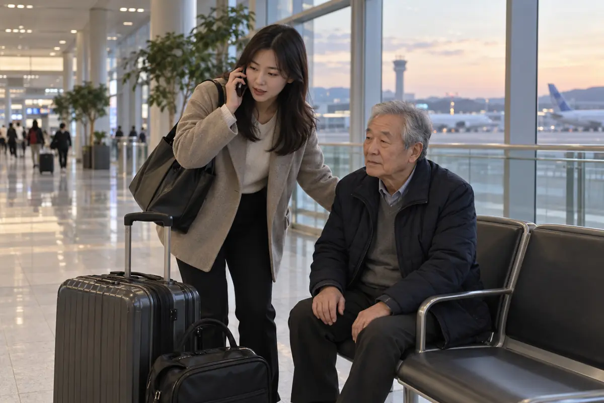 공항에서 아버지와 만날 장소를 확인하는 딸