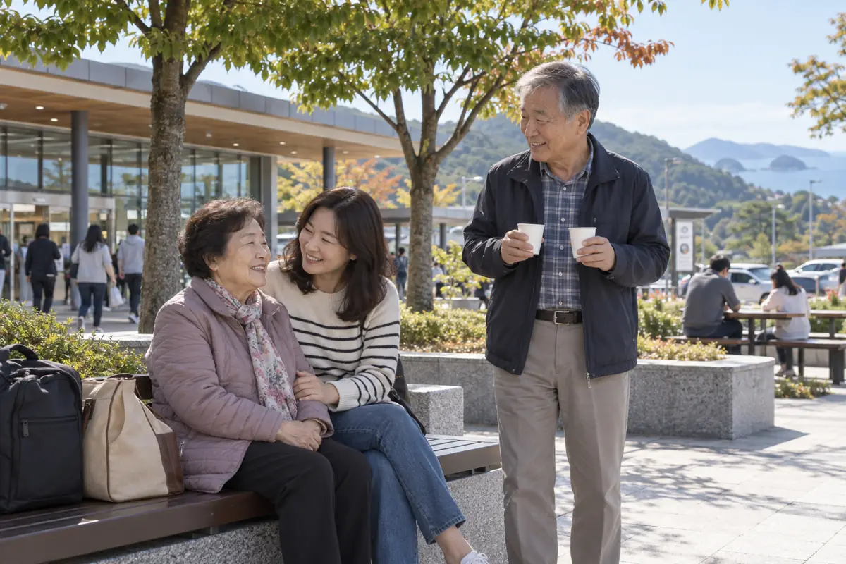 장거리 이동 중 휴게 공간에서 쉬는 한국인 가족