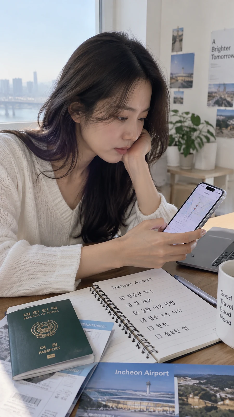 지도와 노트를 보며 이동을 준비하는 모습