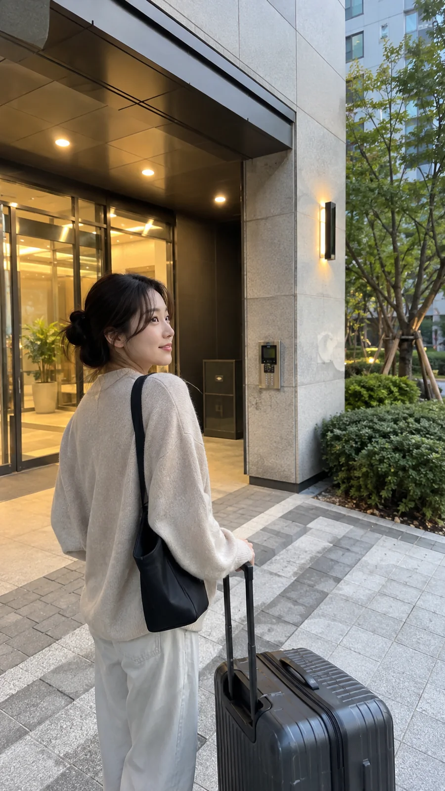 캐리어가 놓인 건물 출입구 주변 보행로