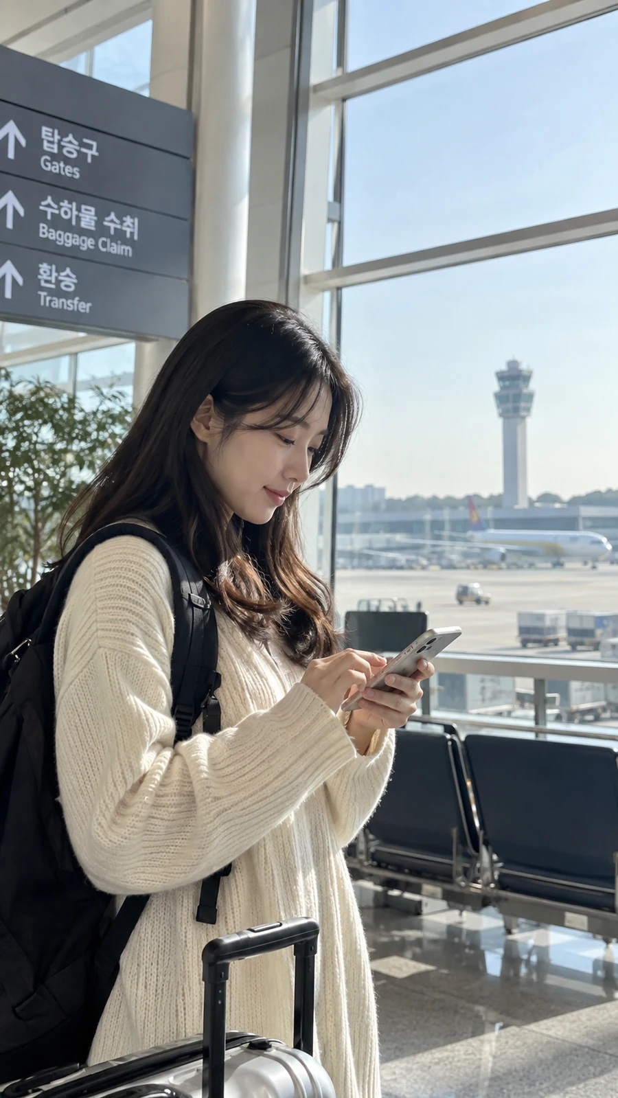 터미널 좌석 근처에서 휴대전화를 보는 사람