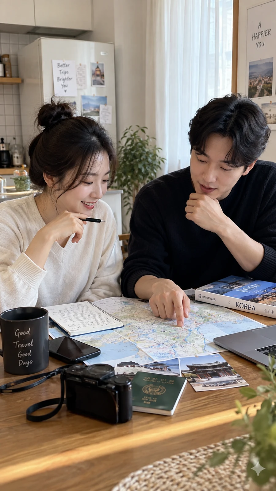 집에서 여행 일정을 함께 확인하는 두 사람