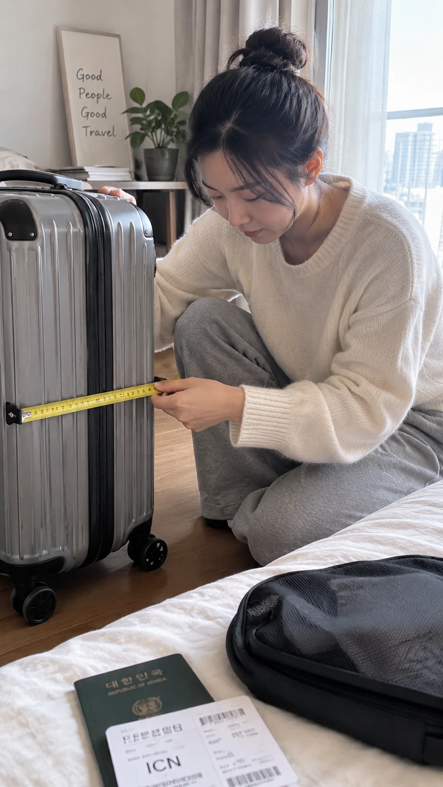 캐리어 너비에 줄자를 대는 손
