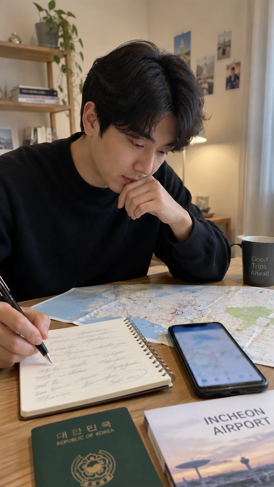 지도와 노트를 보며 계획하는 사람