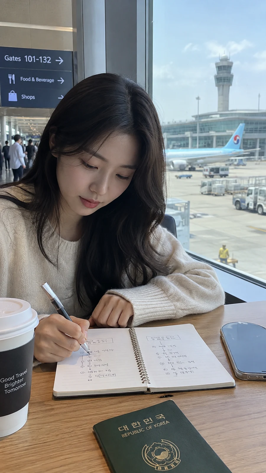 공항에서 여행 노트에 내용을 적는 사람
