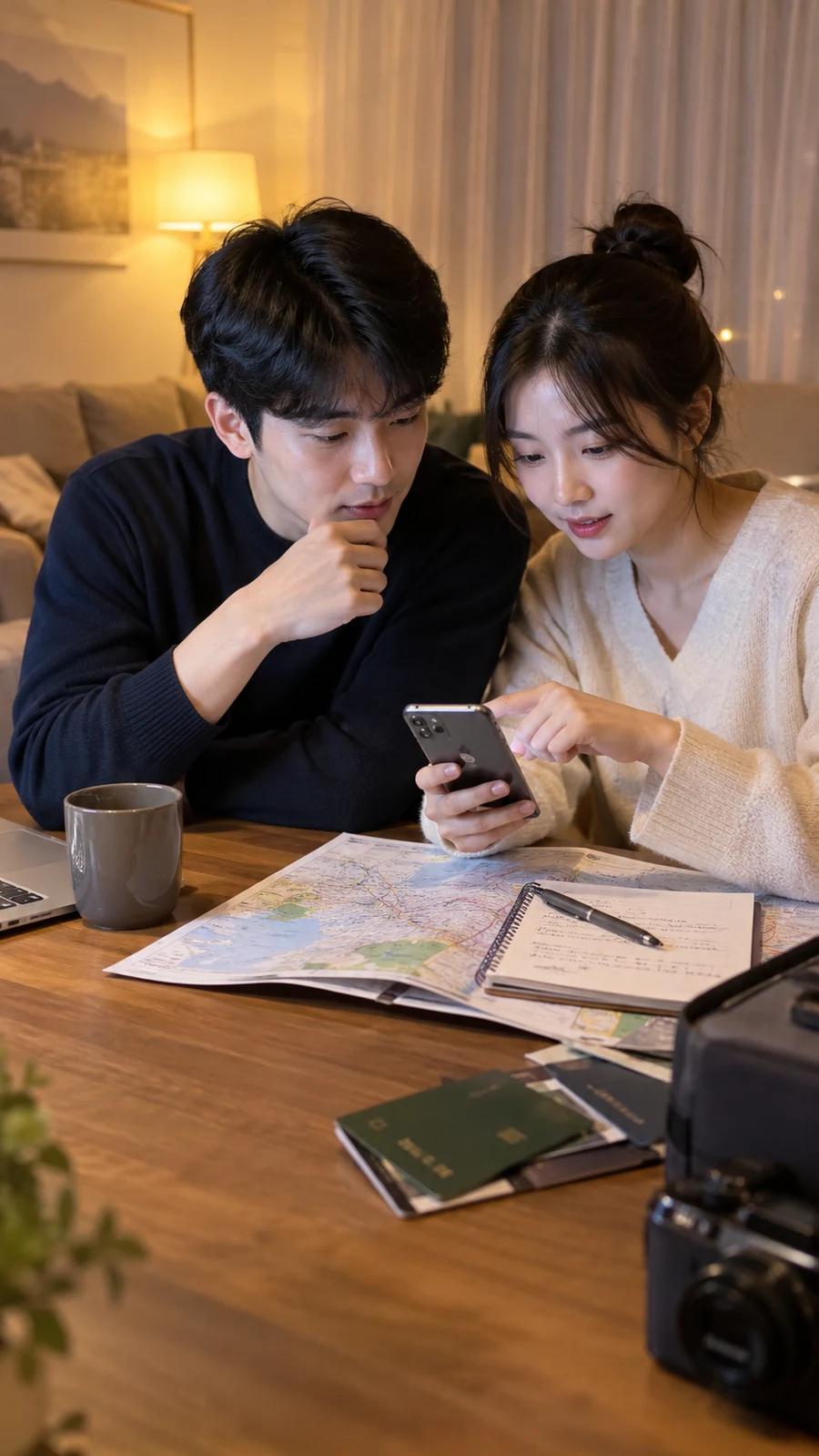 집에서 휴대전화로 이동 계획을 함께 보는 두 사람